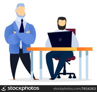 Our team get best service man colleague communicating with computer. Worker sitting at desktop and using laptop on workplace. Business startup of employees and teamwork cooperation for success vector. Men Teamwork Cooperation Get Best Service Vector