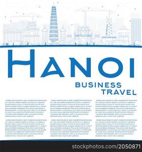 Out line Hanoi skyline with blue Landmarks and copy space. Vector illustration. Business and tourism concept with copy space. Image for presentation, banner, placard or web site