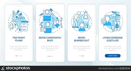 Out of balance life blue onboarding mobile app screen. Imbalance walkthrough 4 steps graphic instructions pages with linear concepts. UI, UX, GUI template. Myriad Pro-Bold, Regular fonts used. Out of balance life blue onboarding mobile app screen