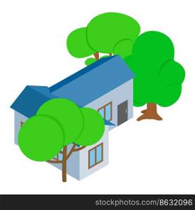 Outbuilding icon isometric vector. New outbuilding and green deciduous tree icon. Non residential building, rural architecture. Outbuilding icon isometric vector. New outbuilding and green deciduous tree icon