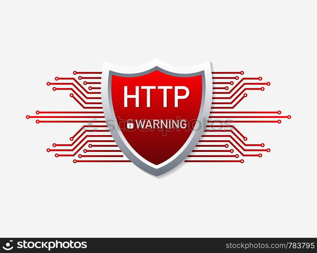 Outdated and dangerous HTTP protocol. Alert to switch to HTTPS. Safe and Secure Web sites on the Internet. Vector stock illustration.