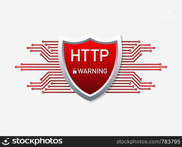 Outdated and dangerous HTTP protocol. Alert to switch to HTTPS. Safe and Secure Web sites on the Internet. Vector stock illustration.