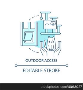 Outdoor access turquoise concept icon. Bringing new cat home tip abstract idea thin line illustration. Natural behavior. Isolated outline drawing. Editable stroke. Arial, Myriad Pro-Bold fonts used. Outdoor access turquoise concept icon