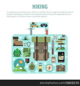 Outdoor active hiking vacation tours advertisement flat icons composition in suitcase luggage shape banner abstract vector illustration. Hiking concept baggage shaped icons composition