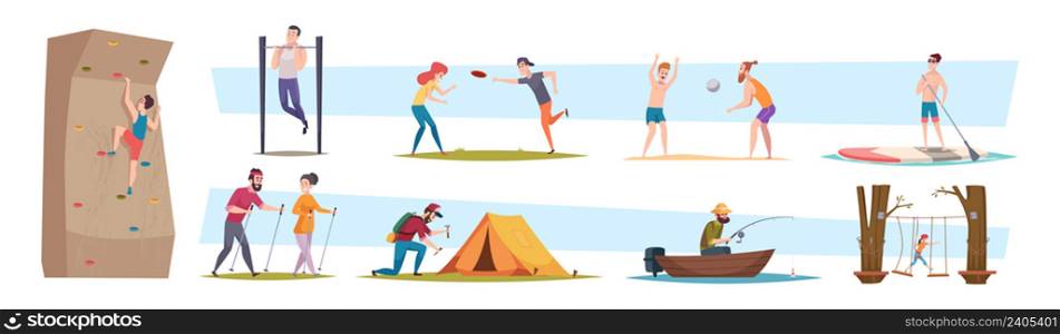 Outdoor active people. Adventure young person tourists hiking lifestyle sport active characters rest in park exact vector flat illustrations. Outdoor activity hiking and climbing. Outdoor active people. Adventure young person tourists hiking lifestyle sport active characters rest in park exact vector flat illustrations