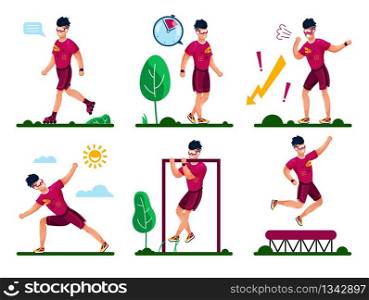 Outdoor Activities and Workouts Types for Healthy Life Trendy Flat Vector Concepts. Man in Sportswear Roller-Skating, Walking, Stretching, Pulling Up on Crossbar, Jumping on Trampoline Illustrations