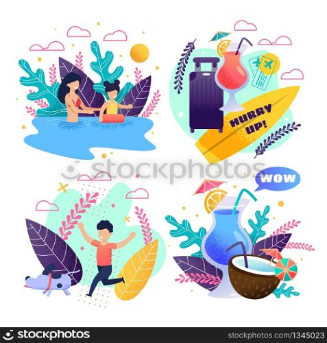 Outdoor Activities for Family on Resort Set. Cartoon Mother and Daughter Swimming, Boy Running with Dog. Vector Advertisement for Booking Ticket and Tour. Invitation for Cocktail Party Illustration. Outdoor Activities for Family on Tropic Resort Set