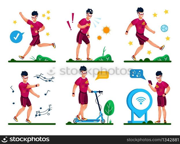 Outdoor Activities for Healthy Life Trendy Flat Vector Set. Young Man in Shorts Jogging in Park, Playing Ball, Listening Music and Dancing, Riding Scooter, Sharing Training Result Online Illustrations