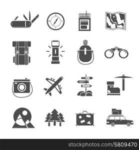 Outdoor activities hiking tourism accessories black icons set backpack and mountain snow boots abstract isolated vector illustration. Hiking icons set black