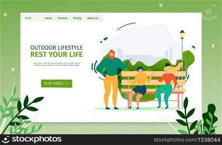 Outdoor Activities Landing Page. Banner Flat Template with Chatting People. Cartoon Women Sitting on Bench in Park. Man Standing and Talking to Interlocutor. Vector Meeting and Rest Illustration. Outdoor Activities and Communication Landing Page