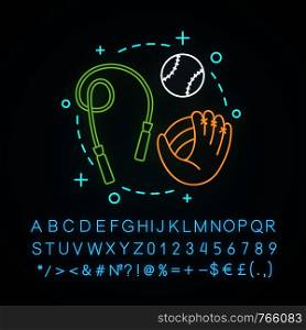 Outdoor activities neon light concept icon. Sports. Leisure time idea. Afterschool pass time. Healthy lifestyle. Glowing sign with alphabet, numbers and symbols. Vector isolated illustration. Outdoor activities neon light concept icon