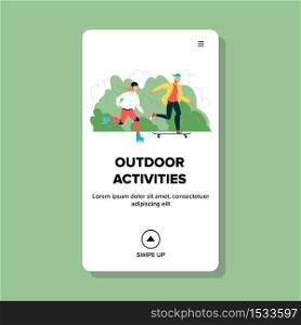 Outdoor Activities On Extreme Transport Vector. Young Boy On Skateboard And Girl With Protective Helmet On Roller Skates Riding Outdoor, Green Plants On Background. Web Flat Cartoon Illustration. Outdoor Activities On Extreme Transport Vector