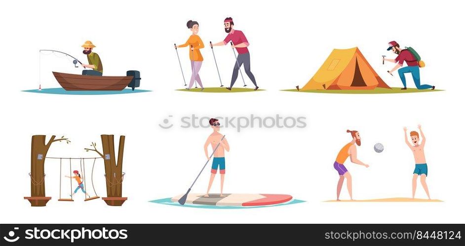 Outdoor activities. Tourism exploration hiking picnic characters in park travelling lifestyle adventure leasure exact vector people in action poses. Illustration of adventure tourism and travel. Outdoor activities. Tourism exploration hiking picnic characters in park travelling lifestyle adventure leasure exact vector people in action poses