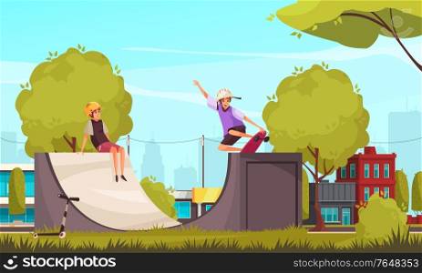 Outdoor activities with urban district scenery and characters of teenagers skating on skate park quarter pipe vector illustration