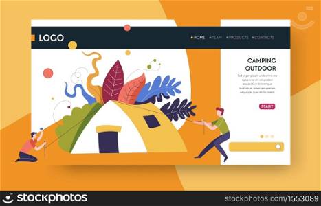Outdoor activity camping outdoor landing web page template vector tent and camper hiking nature and leisure pastime Internet site sport or recreation mountain or forest walking online tour order. Camping outdoor web page template outdoor activity