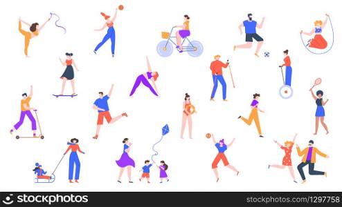Outdoor activity. Characters jogging and do sports, outdoor healthy activities, riding kick scooter, roller skating and cycling vector icon set. Character activity sport, badminton illustration. Outdoor activity. Characters jogging and do sports, outdoor healthy activities, riding kick scooter, roller skating and cycling vector icon set