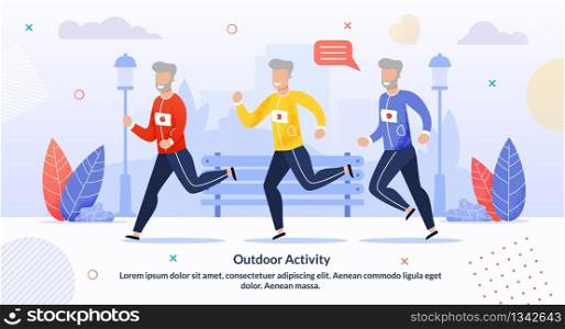 Outdoor Activity for Aged People Motivate Poster. Cartoon Happy Old Senior Men Running Marathon. Grey-Haired Smiling Male Characters in Sportswear Jogging. Active Health Life. Vector Flat Illustration. Outdoor Activity for Aged People Motivation Poster