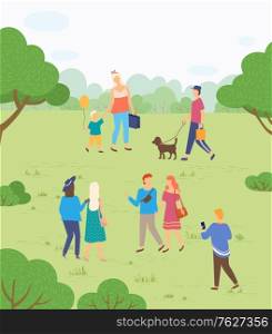 Outdoor activity on nature, people walking in park. Mother and son, guy with dog, couples and friends among trees and bushes on green meadow. Funny spending time on harvest festival. Flat cartoon. People Walking in Park, Outdoor Activity on Nature