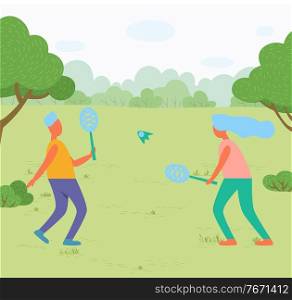 Outdoor activity or sport, girl and guy playing badminton in park vector. Rackets and shuttlecock, meadow and nature, sporting equipment, trees and bushes. Girl and Guy Playing Badminton in Park on Meadow