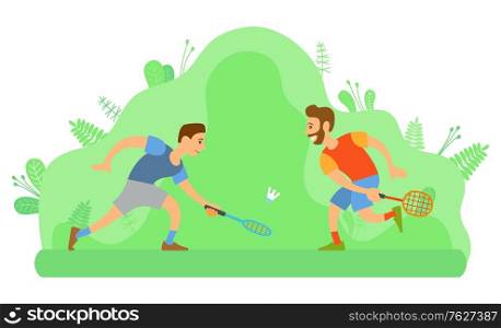 Outdoor activity or sport, men friends playing badminton vector. Rackets and shuttlecock, meadow and nature, sporting equipment and male characters. Summer activity. Flat cartoon. Men Playing Badminton, Outdoor Activity or Sport