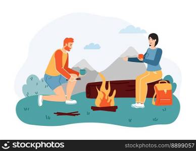 Outdoor activity tourism, c&ing and hiking adventure travel. Woman sitting on log and drinking tea, man putting firewood. Couple sitting near c&fire. People on trip, active lifestyle vector. Outdoor activity tourism, c&ing and hiking adventure travel. Woman sitting on log and drinking tea, man putting firewood