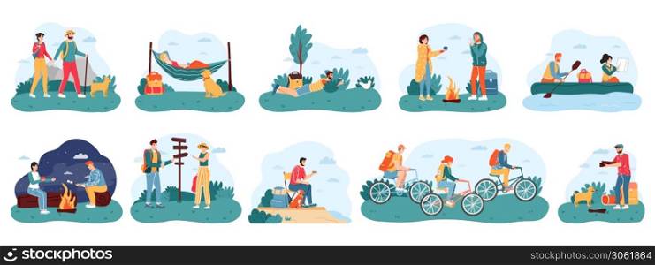 Outdoor activity tourism. Camping and hiking adventure travel, male and female active tourists, nature camping trip vector illustration icons set. People sitting near campfire, riding bikes. Outdoor activity tourism. Camping and hiking adventure travel, male and female active tourists, nature camping trip vector illustration icons set