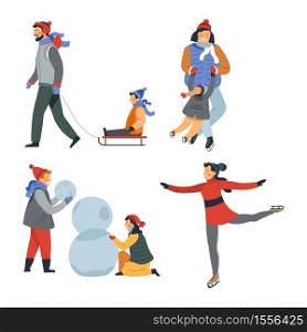 Outdoor activity winter walking and sport skating and sleigh vector mother and son sliding on ice rink girlfriend and boyfriend building snowman female, figure skater father and son on sleigh. Winter outdoor activity sport and walking isolated characters