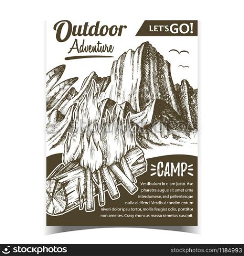 Outdoor Adventure Camp Advertising Banner Vector. Burning Wooden Stick Little Branches Camp Bonfire, Rocky Mountain, Green Leaves And Birds. Camping Designed In Vintage Style Monochrome Illustration. Outdoor Adventure Camp Advertising Banner Vector