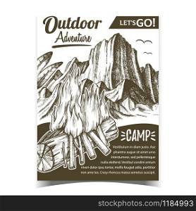 Outdoor Adventure Camp Advertising Banner Vector. Burning Wooden Stick Little Branches Camp Bonfire, Rocky Mountain, Green Leaves And Birds. Camping Designed In Vintage Style Monochrome Illustration. Outdoor Adventure Camp Advertising Banner Vector