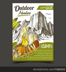 Outdoor Adventure Camp Advertising Banner Vector. Burning Wooden Stick Little Branches Camp Bonfire, Rocky Mountain, Green Leaves And Birds. Camping Designed In Vintage Style Color Illustration. Outdoor Adventure Camp Advertising Banner Vector