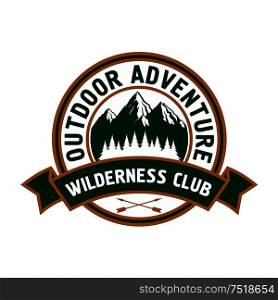 Outdoor adventure retro badge of scenic mountain landscape with forest, encircled by round seal with ribbon banner and text Wilderness Club. Great for campground symbol or travel theme design. Outdoor adventure badge with mountain landscape