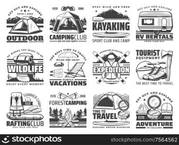 Outdoor adventure vector icons of travel, camping and rafting with sport equipment. Trekking boots, hiking backpack and mountain camp tent, campfire, compass and axes, skis, kayak, trailer. Camp tent, hiking boots, backpack, campfire icons