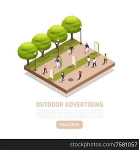 Outdoor advertisement isometric background with circle composition of people and advertising panels beyond city park lanes vector illustration