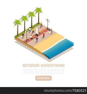 Outdoor advertisement isometric background with coastline and trees with empty advertising panels and people walking around vector illustration