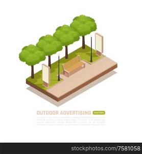 Outdoor advertisement isometric background with round composition of park bench and advertising panels with editable text vector illustration