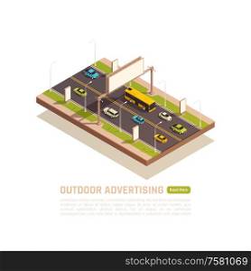 Outdoor advertisement isometric background with view of motorway with cars and empty billboards with editable text vector illustration