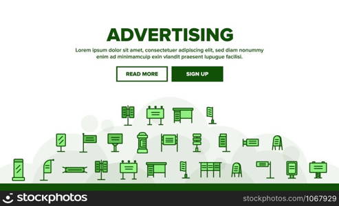 Outdoor Advertising Landing Web Page Header Banner Template Vector. Commercial Business Advertising Information On Banner And Bus Stop, Poster And Billboard Illustration. Outdoor Advertising Landing Header Vector