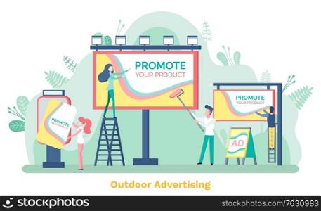 Outdoor advertising, promote your product. Man and woman standing on stairs near billboard or ad poster, public information on board, advertisement. Vector illustration in flat cartoon style. Promote Product, Billboard and Ad, Poster Vector