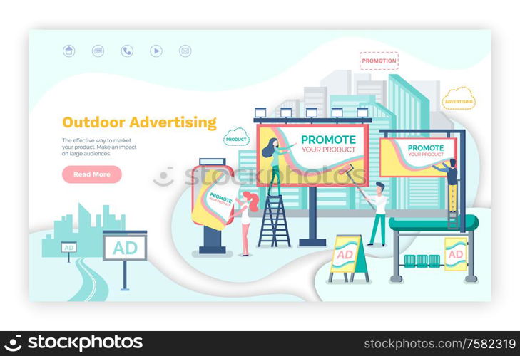 Outdoor advertising vector, billboard announcements. Website or webpage template, landing page flat style, business marketing on boards cityscape. Outdoor Advertising, Promote Your Product Web