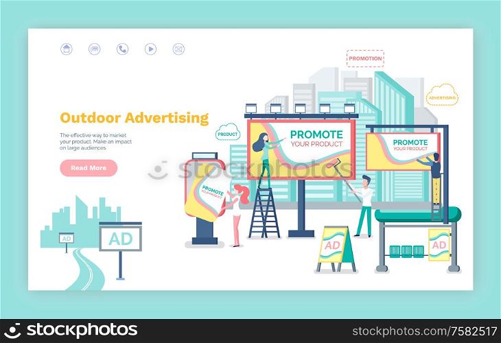 Outdoor advertising vector, website or webpage template, landing page flat style. Billboard with information , banner and boards, bus stop with ads. Outdoor Advertisement, Promotion of Product Web