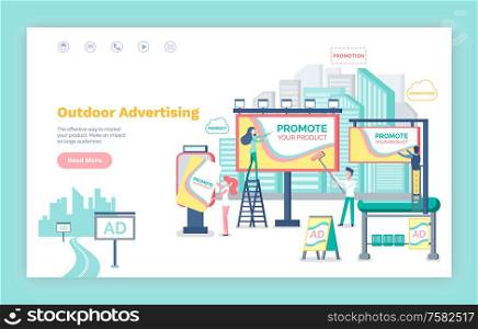 Outdoor advertising vector, website or webpage template, landing page flat style. Billboard with information , banner and boards, bus stop with ads. Outdoor Advertisement, Promotion of Product Web