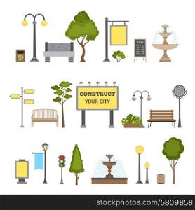 Outdoor and city landscape design object set isolated vector illustration. Outdoor Object Set
