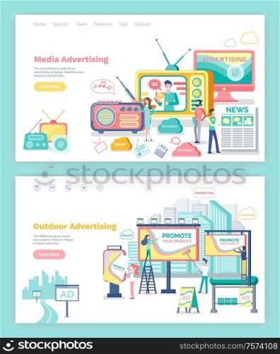 Outdoor and media advertising webpage or web site template vector. TV set and monitors, roadside or city banners, newspaper and radio landing page flat style. Media and Outdoor Advertising Web Page or Site