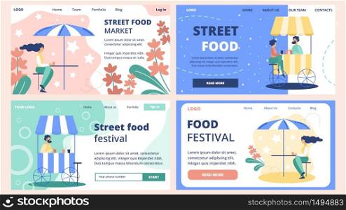 Outdoor Cafe, Street Food Market and Festival Flat Vector Web Banners or Landing Pages Templates Set with Woman, Female Client Sitting at Table, Buying and Drinking Beverages, Male Seller Illustration