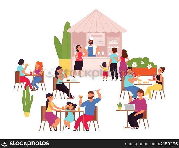 Outdoor cafe. Summer park table, girl drinks coffee. Food and conversation, flat couple lunch in restaurant. Cartoon terrace bar decent vector. Illustration terrace of park, summer outdoor cafe. Outdoor cafe. Summer park table, girl drinks coffee. Food and conversation, flat couple lunch in restaurant. Cartoon terrace bar decent vector concept