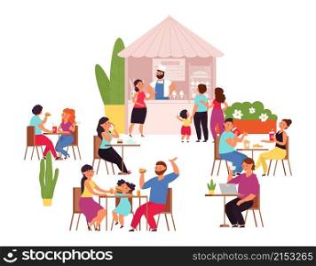 Outdoor cafe. Summer park table, girl drinks coffee. Food and conversation, flat couple lunch in restaurant. Cartoon terrace bar decent vector. Illustration terrace of park, summer outdoor cafe. Outdoor cafe. Summer park table, girl drinks coffee. Food and conversation, flat couple lunch in restaurant. Cartoon terrace bar decent vector concept