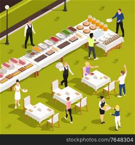 Outdoor catering corporate events private celebrations service with white linen patio garden tables buffet snacks drinks vector illustration
