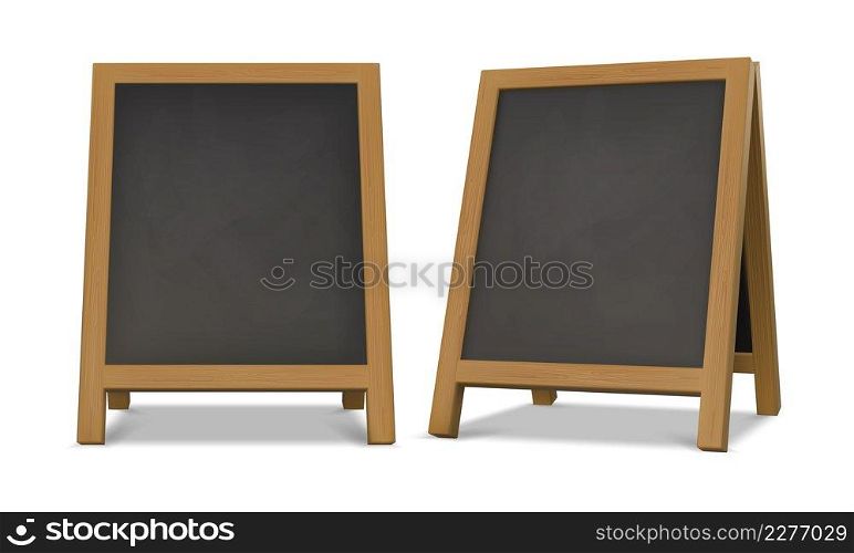Outdoor chalk menu blackboard stand with wood frame. Realistic chalkboard easel for cafe or restaurant. Street advertising board vector set of empty frame blackboard illustration. Outdoor chalk menu blackboard stand with wood frame. Realistic chalkboard easel for cafe or restaurant. Street advertising board vector set