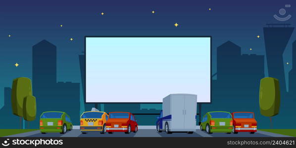 Outdoor cinema. Automobile in dark night filming attraction events in summer park garish vector flat illustrations. Movie screen theater, night entertainment. Outdoor cinema. Automobile in dark night filming attraction events in summer park garish vector flat illustrations