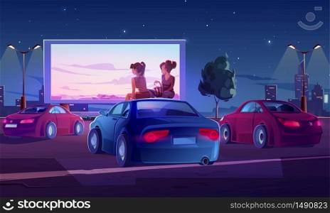 Outdoor cinema, drive-in movie theater with cars on open air parking. Vector cartoon illustration of summer night city with girls sitting on automobile roof and watching film on big screen. Outdoor cinema, open air movie theater with cars